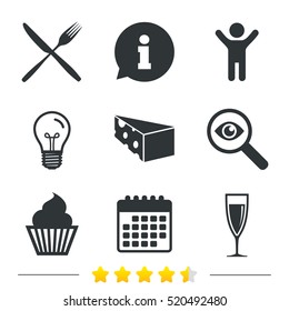 Food icons. Muffin cupcake symbol. Fork and knife sign. Glass of champagne or wine. Slice of cheese. Information, light bulb and calendar icons. Investigate magnifier. Vector