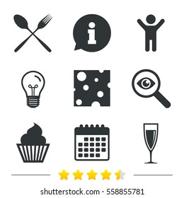 Food icons. Muffin cupcake symbol. Fork and spoon sign. Glass of champagne or wine. Slice of cheese. Information, light bulb and calendar icons. Investigate magnifier. Vector
