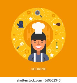 Food Icons and Objects in the Shape of Circle. Chef. Female Cartoon Character. Vector Illustration in Flat Design Style