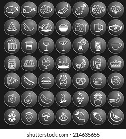 food icons on black round buttons, vector illustration