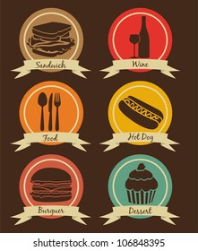 Food icons on vintage background with ribbons, vector