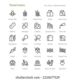 Food Icons - Outline styled icons, designed to 48 x 48 pixel grid. Editable stroke.