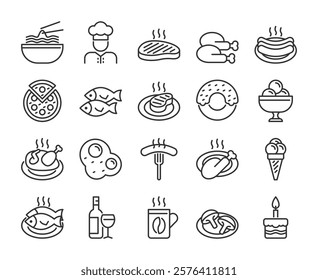 Food icons. Restaurant dishes line icon set. Editable Stroke.