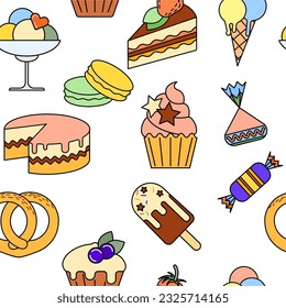 Food icons seamless pattern on white background. Desserts and sweets