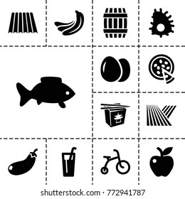 Food icons. set of 13 editable filled food icons such as field, egg, banana, barrel, child bicycle, chinese fast food, drink, fish, apple, pizza, extinct sea creature