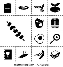 Food icons. set of 13 editable filled food icons such as beet, peas, sandwich, take away food, kebab, fried egg and bacon, menu, meat, pan, egg