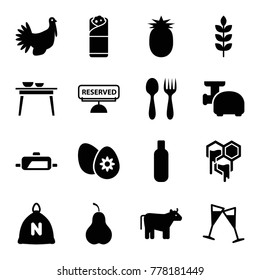 Food icons. set of 16 editable filled food icons such as wheat, sack, cow, bottle, burrito, wine glass, turkey, easter egg, reserved, meat grinder, pineapple, pear, pan, honey