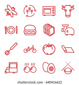 Food icons set. set of 16 food outline icons such as cow, harvest, apple, child bicycle, bread slices, van, bee, easter egg, plate fork and spoon, meat, corolla, meat grinder