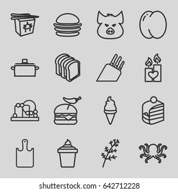 Food icons set. set of 16 food outline icons such as pig, octopus, peach, deel, baby toy, burger, ice cream, ice cream in can, piece of cake, chinese fast food, bread slices