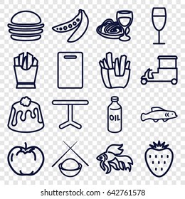 Food icons set. set of 16 food outline icons such as fish, apple, oil, cutting board, burger, french fries, pie, pasta and wine glass, table, peas, wine glass, strawberry