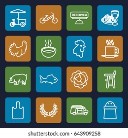 Food icons set. set of 16 food outline icons such as rooster, pig, cabbage, child bicycle, baby chair, pepper, fast food cart, van, pasta and wine glass, soup, cup, turkey