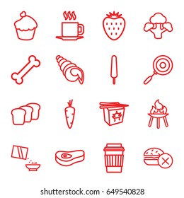 Food icons set. set of 16 food outline icons such as carrot, ice cream on stick, drink, broccoli, cereal, muffin, cup, bread, meat, pan, bbq, strawberry, shell