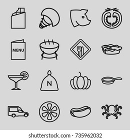 Food icons set. set of 16 food outline icons such as octopus, pig, sack, hot dog, van, pie, pumpkin, lemon, tomato, restaurant, menu, cocktail, pan, extinct sea creature