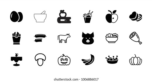 Food icons. set of 18 editable filled and outline food icons: egg, banana, pig, french fries, chicken leg, sweet box, cow, mushroom, pumpkin, pumpkin haloween, meat, sausage