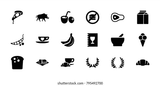 Food icons. set of 18 editable filled food icons: bread, pizza, coffee and croissant, soda and burger, croissant, no fast food, cup with heart, ice cream, menu, olive branch