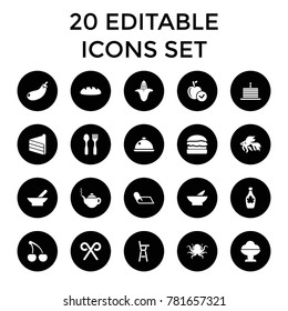 Food icons. set of 20 editable filled food icons such as bowl, corn, octopus, fish, teapot, apple, ice cream, maple syrup. best quality food elements in trendy style.