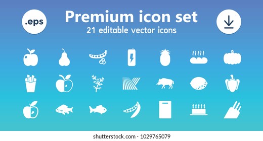 Food icons. set of 21 editable filled food icons includes field, pumpkin, peas, hog, fish, cutting board, apple, pepper, bread, knife, pineapple, pear, deel, lemon