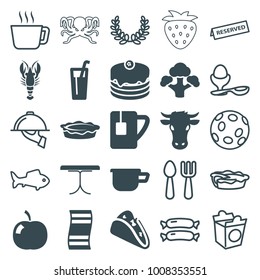 Food icons. set of 25 editable filled and outline food icons such as cow, taco, cake, pie, drink, fitness carpet, broccoli, tea cup, sausage, fork and spoon, tea, boiled egg