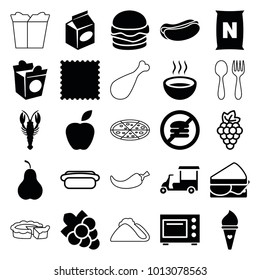 Food icons. set of 25 editable filled and outline food icons such as crab, grape, hot dog, soup, apple, microwave, grape, pear, carpet, spoon and fork, bag with ground
