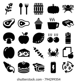 Food icons. set of 25 editable filled food icons such as beef, pumpkin, peach, deel, cheese, barrel, crab, fork and spoon, tea, ice cream in can, cake, burrito, pie, kebab
