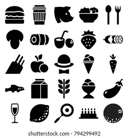 Food icons. set of 25 editable filled food icons such as mushroom, strawberry, eggplant, pig, wheat, fork and spoon, cake, ice cream, drink, ice cream ball, wine glass, food