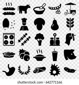Food icons set. set of 25 food filled icons such as cow, turkey, mushroom, currant, pear, peas, cauliflower, pig, porridge, cooker, wrap sandwich, drink, cucumber