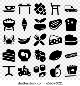 Food icons set. set of 25 food filled icons such as currant, beet, lemon, crab, banana, grape, ice cream, chinese fast food, van, fork and spoon, table, apple, heart cake