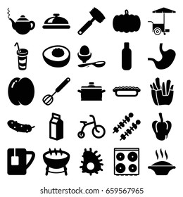 Food icons set. set of 25 food filled icons such as pumpkin, peach, pepper, dish, child bicycle, bottle, teapot, cooker, french fries, cucumber, fast food cart, boiled egg