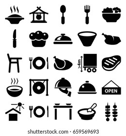 Food icons set. set of 25 food filled icons such as plate fork and spoon, dish, gong, porridge, spoon, knife, fork, soup, house under sun, cargo height, beef, kebab, pie