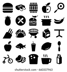 Food icons set. set of 25 food filled icons such as lemon, barrel, fish, child bicycle, banana, drink, taco, burger with pepper, burger, spoon, take away food, table, apple