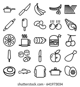 Food icons set. set of 25 food outline icons such as field, sausage, cherry, peas, bean, ice cream on stick, double burger with flag, sandwich, meat leg, knife, apple, lemon