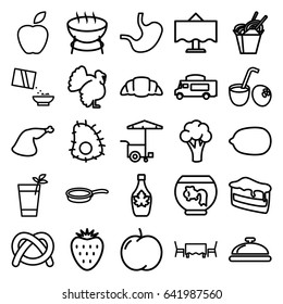 Food icons set. set of 25 food outline icons such as dish, turkey, apple, cauliflower, lemon, piece of cake, maple syrup, van, croissant, meat leg, cereal, stomach