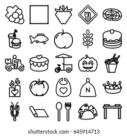 Food icons set. set of 25 food outline icons such as crab, wheat, sack, apple, baby bid, grape, carpet, taco, cake, chicken leg, pizza, burger and drink, raspberry, heart lock