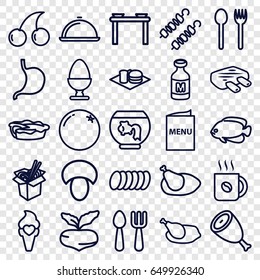 Food icons set. set of 25 food outline icons such as fish, mushroom, beef, orange, beet, fork and spoon, cherry, coffee, noodles fast food, soda and burger, pie, stomach, milk