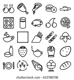 Food icons set. set of 25 food outline icons such as fish, harvest, potato, bread, pepper, teapot, cherry, carpet, cooker, pizza, french fries, broccoli, cup with heart