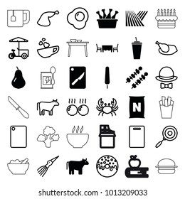 Food icons. set of 36 editable filled and outline food icons such as field, cow, pear, ice cream on stick, drink, restaurant table, kebab, chopping board and knife, crab