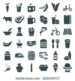 Food icons. set of 36 editable filled food icons such as bowl, beef, currant, cow, child bicycle, fork and spoon, banana, barbeque, pizza, drink, french fries, pepper