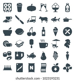 Food icons. set of 36 editable filled food icons such as pear, rooster, tea, cake, drink, ice cream on stick, tea cup, sandwich, fast food cart, coffee and croissant