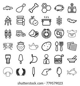 Food icons. set of 36 editable outline food icons such as wheat, bowl, potato, fish, baby food, fork and spoon, cookies, honey, apple, pan, aquarium, drink, ice cream on stick