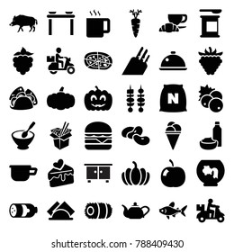 Food icons. set of 36 editable filled food icons such as sausage, currant, bean, hog, delivery bike, aquarium, table with plates and pan, ice cream, taco, pizza, cheeseburger