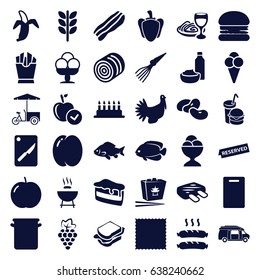 Food icons set. set of 36 food filled icons such as hay, peach, apple, grape, bean, fish, cutting board, carpet, piece of cake, french fries, ice cream ball, sandwich, van