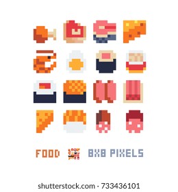 food icons set, 8x8 resolution, pixel art style, vector illustration isolated background