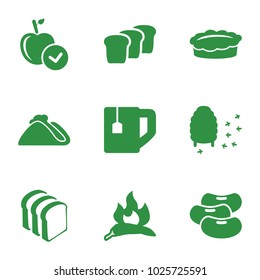 Food icons. set of 9 editable filled food icons such as chili, apple, tea cup, bread slices, honeycomb, bread, bean, taco