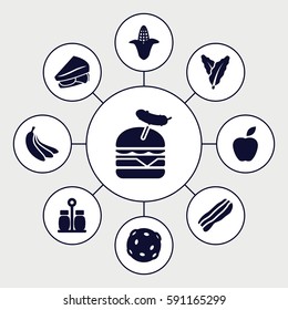 food icons set. Set of 9 food filled icons such as spinach, corn, sandwich, burger with sausage, bacon, pepper, banana, extinct sea creature