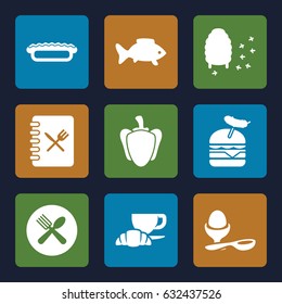 Food icons set. set of 9 food filled icons such as burger with sausage, coffee and croissant, boiled egg, honeycomb, spoon and fork, pepper, pie, menu