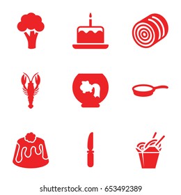 Food icons set. set of 9 food filled icons such as hay, cauliflower, crab, cake with one candle, chinese fast food, pie, knife, pan