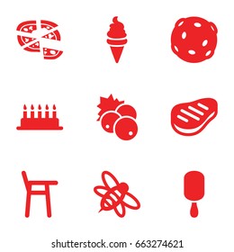 Food icons set. set of 9 food filled icons such as currant, ice cream, ice cream on stick, pizza, bee, beef, extinct sea creature, cake
