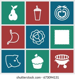 Food icons set. set of 9 food filled and outline icons such as carpet, pear, muffin, bbq, pig, cabbage, drink, stomach