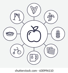 Food icons set. set of 9 food outline icons such as wheat, spinach, child bicycle, cookies, tea cup, pie, banana, wine glass
