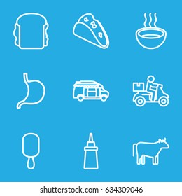 Food icons set. set of 9 food outline icons such as cow, taco, ice cream on stick, ketchup, sandwich, van, soup, stomach